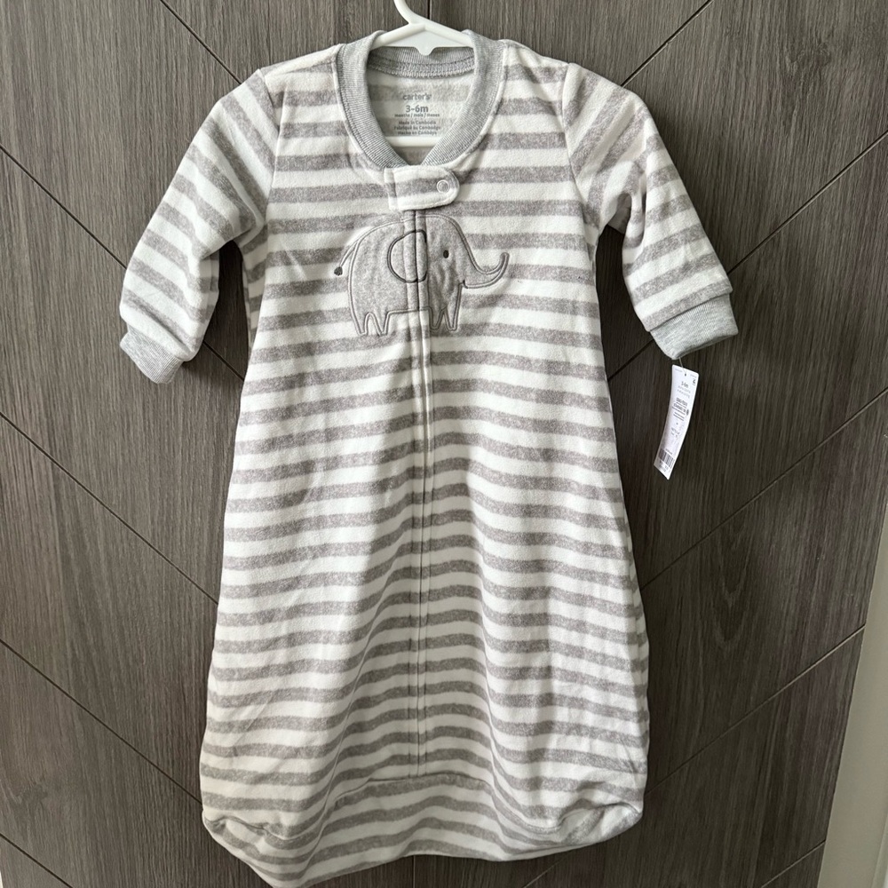 Carter’s Fleece Striped Gray Zip Gown with Elephant Design